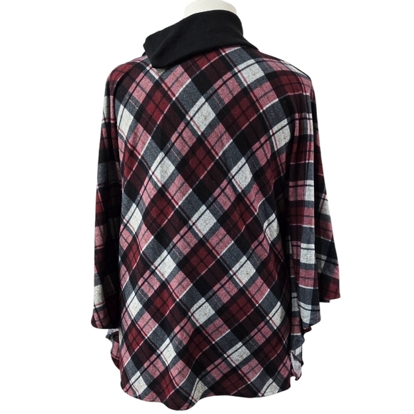 Modcloth Fervour Dark Red Gray Diagonal Plaid Cowl Neck Poncho With Armholes - Picture 2 of 8